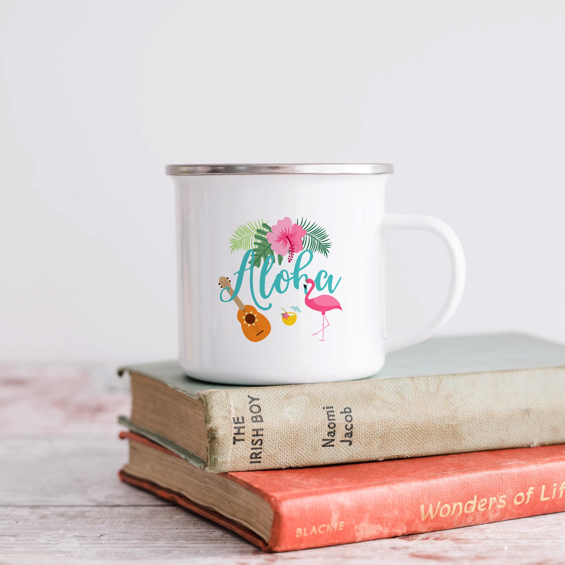Aloha with flamingo | Enamel mug-Enamel mug-Adnil Creations