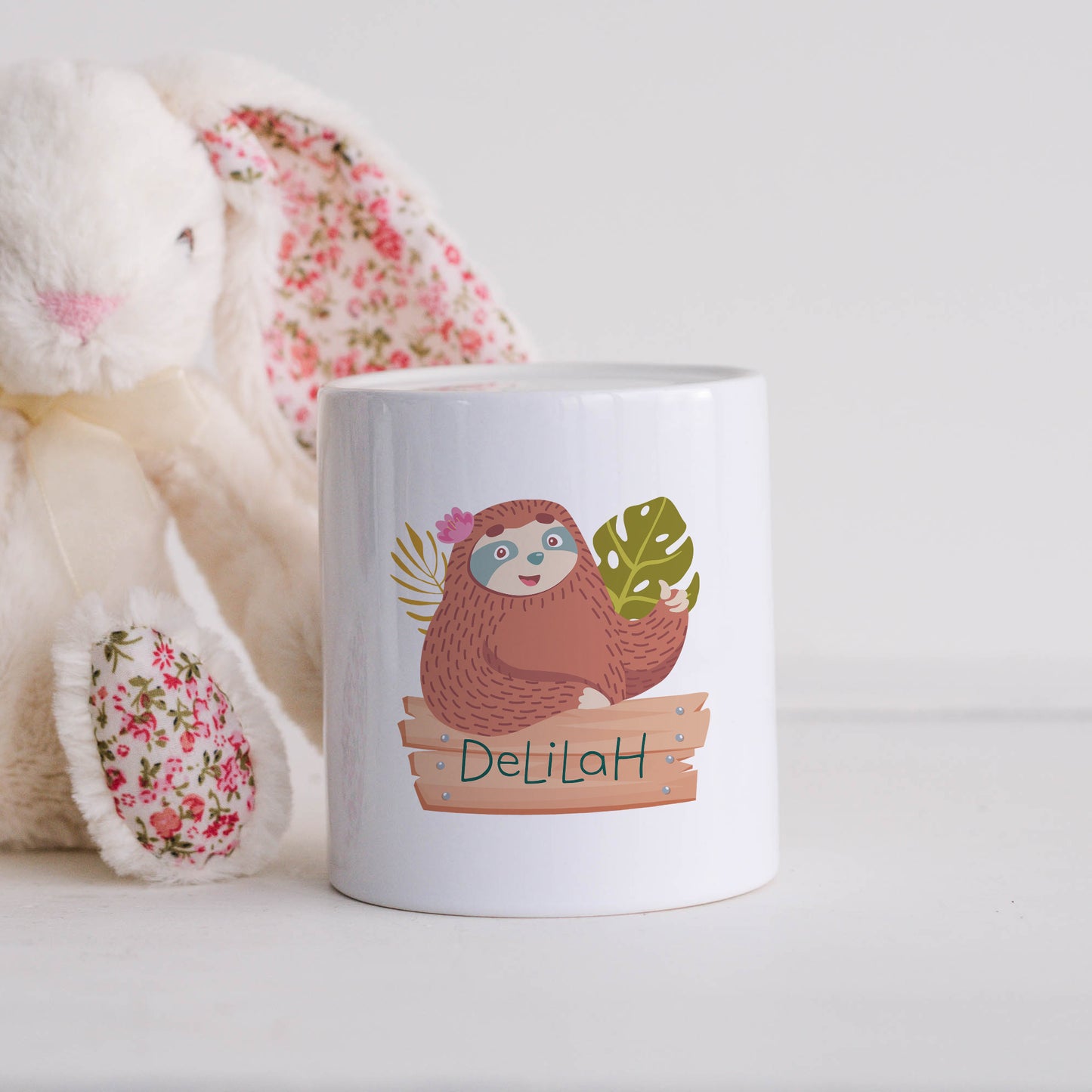 Personalised name with sloth | Ceramic money box