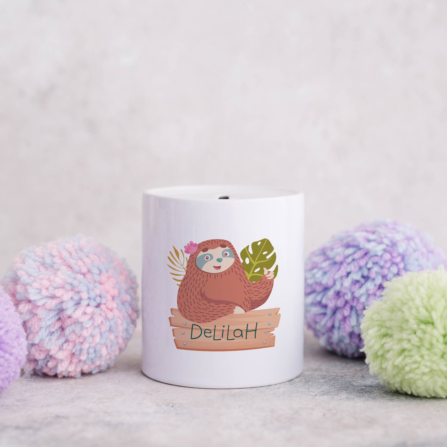 Personalised name with sloth | Ceramic money box