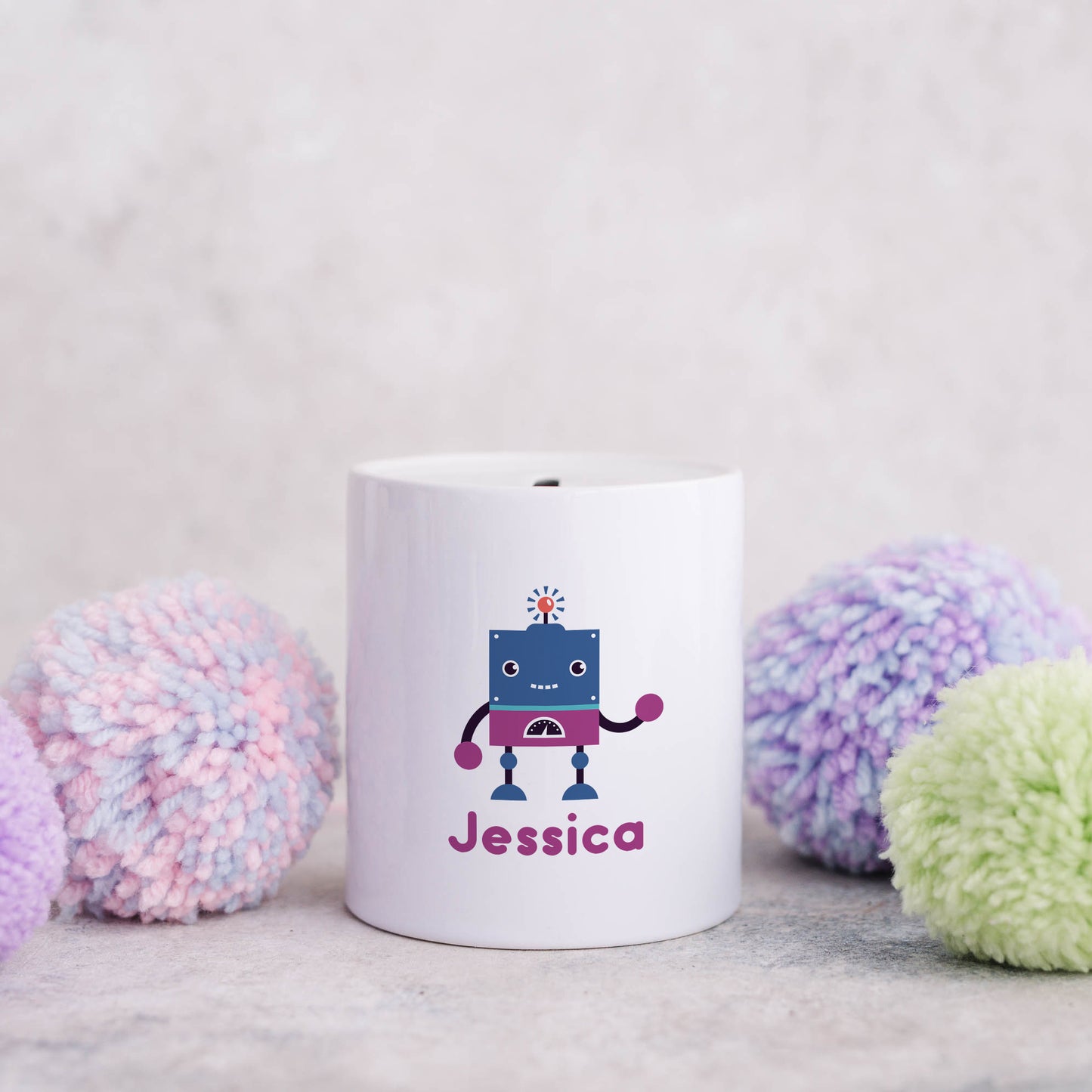 Personalised name with cute robot | Ceramic money box