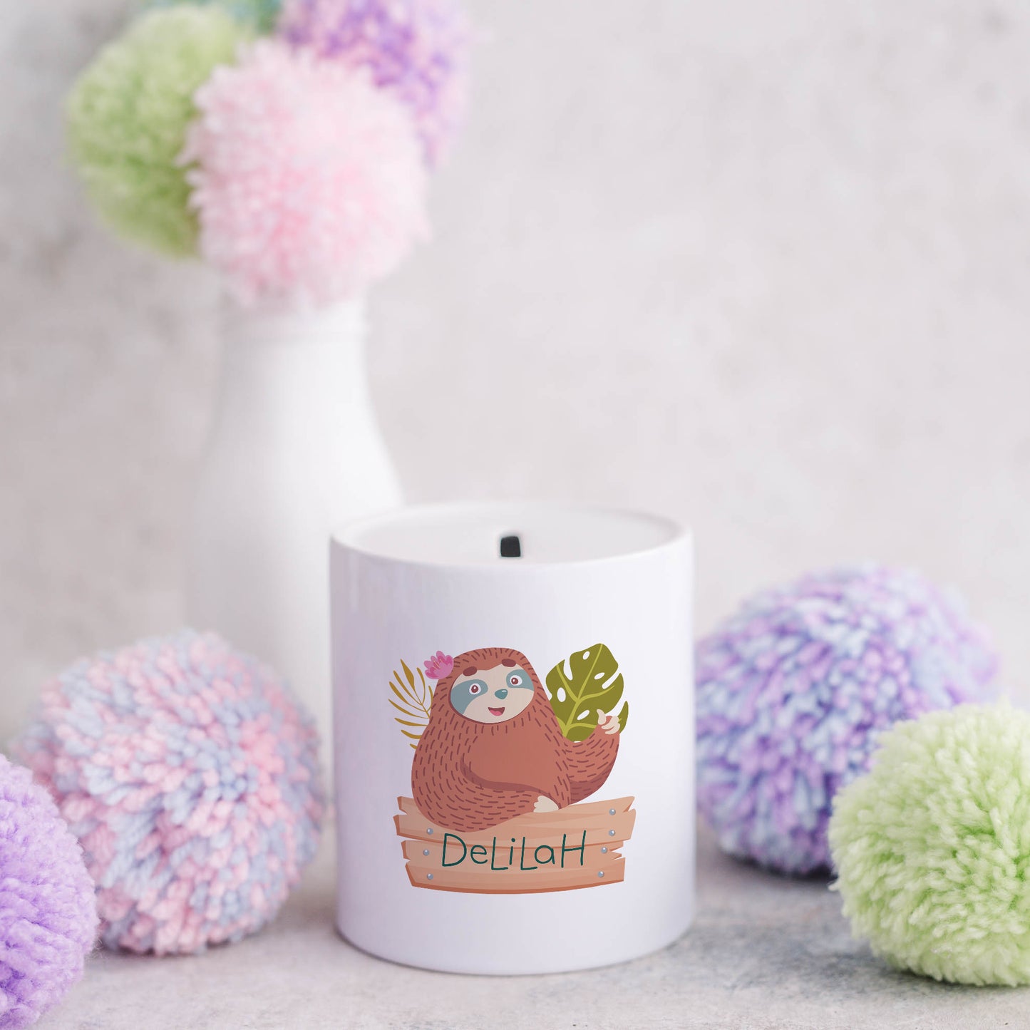 Personalised name with sloth | Ceramic money box