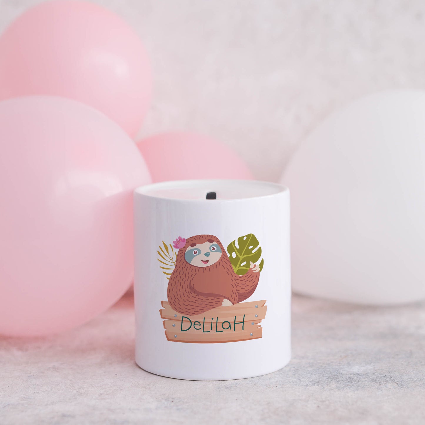 Personalised name with sloth | Ceramic money box