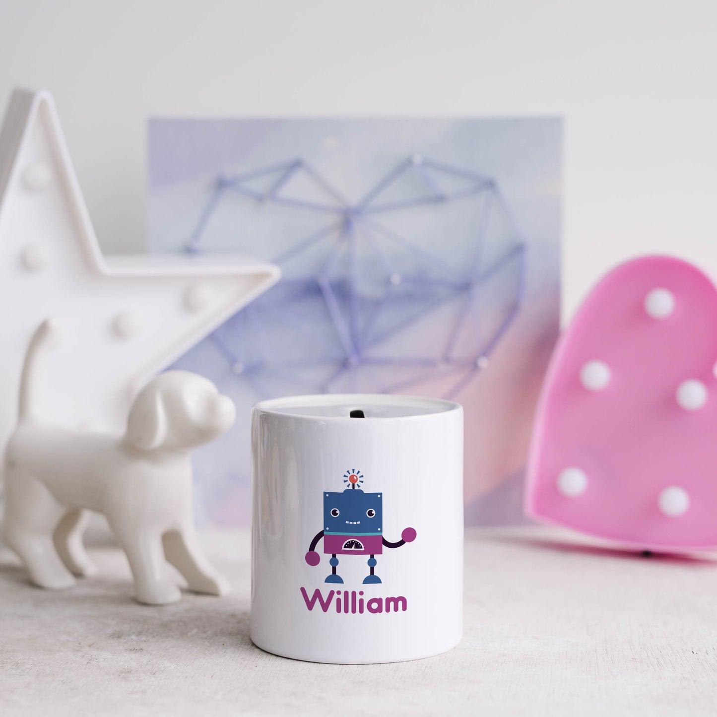 Personalised name with cute robot | Ceramic money box