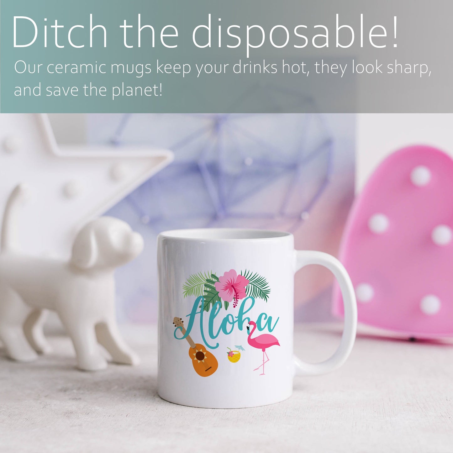 Aloha with flamingo and ukulele | Ceramic mug-Ceramic mug-Adnil Creations