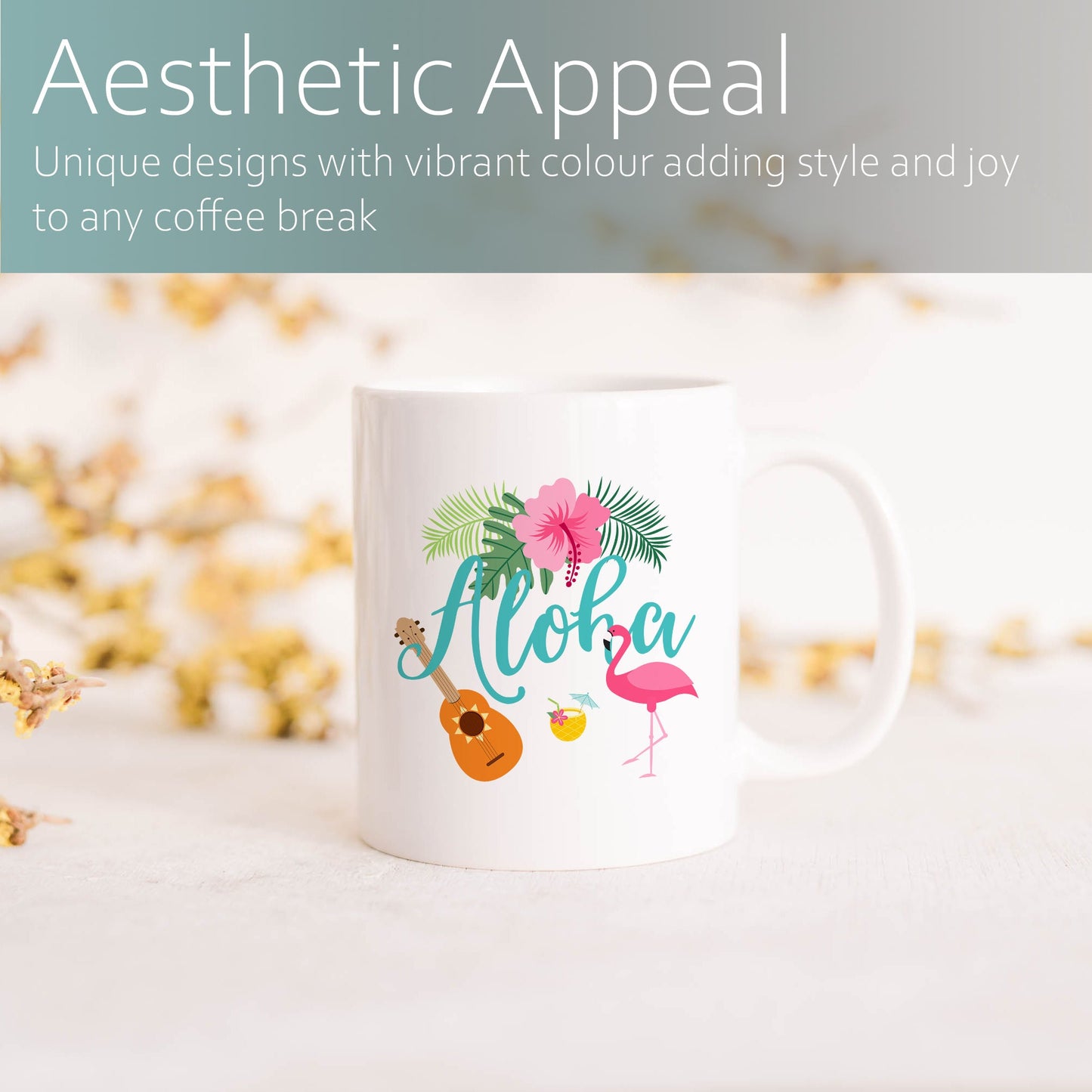 Aloha with flamingo and ukulele | Ceramic mug-Ceramic mug-Adnil Creations