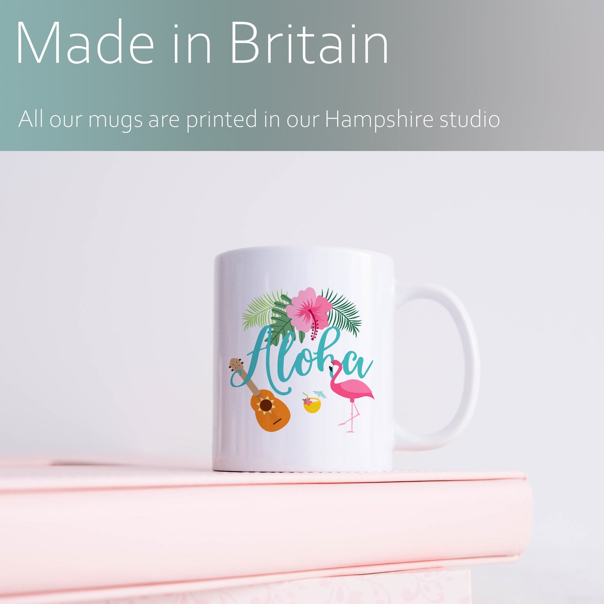 Aloha with flamingo and ukulele | Ceramic mug-Ceramic mug-Adnil Creations