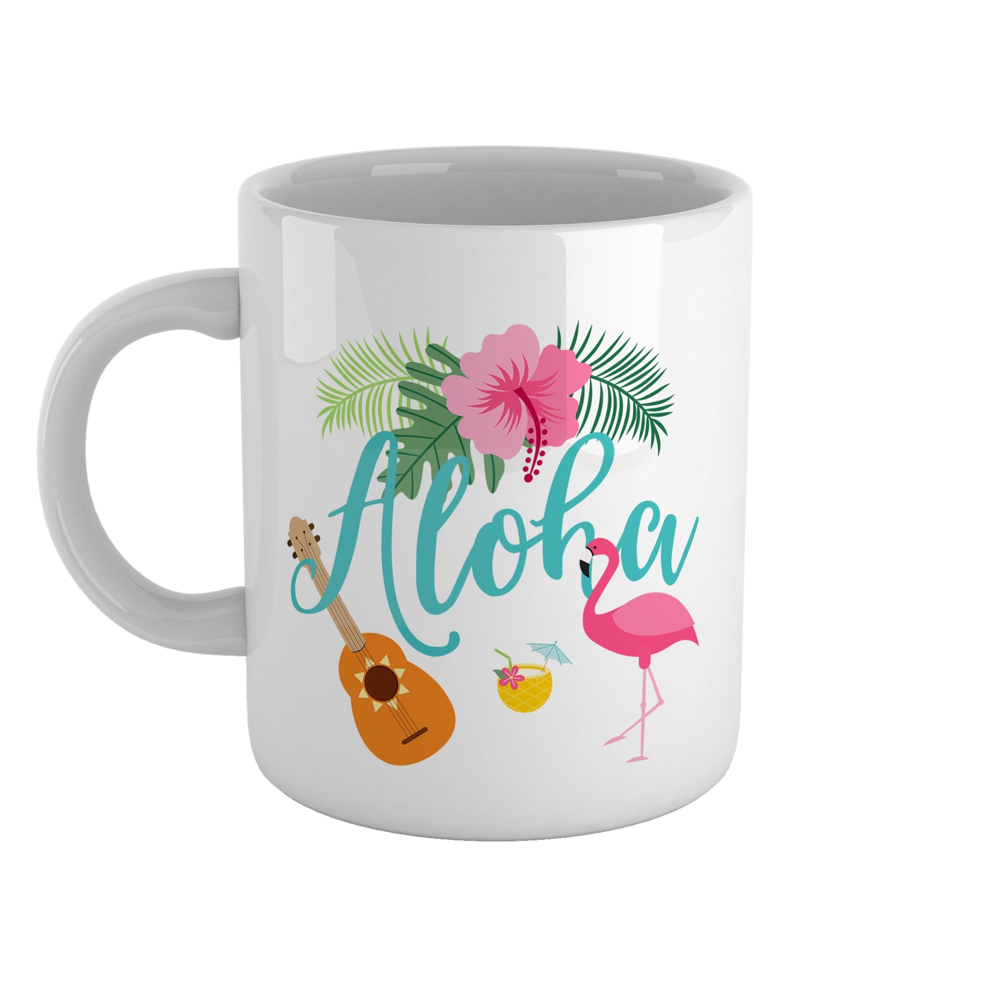 Aloha with flamingo and ukulele | Ceramic mug-Ceramic mug-Adnil Creations