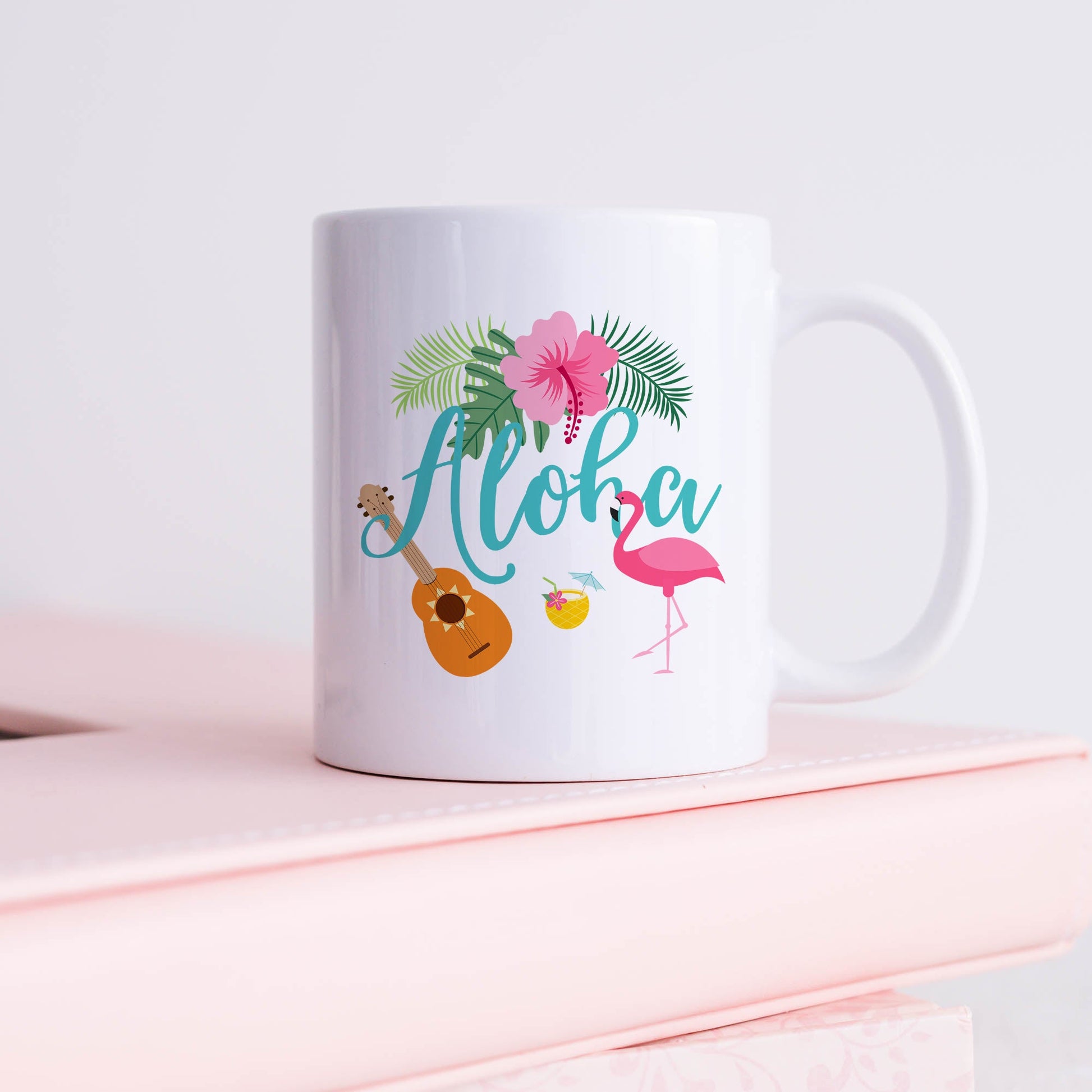 Aloha with flamingo and ukulele | Ceramic mug-Ceramic mug-Adnil Creations