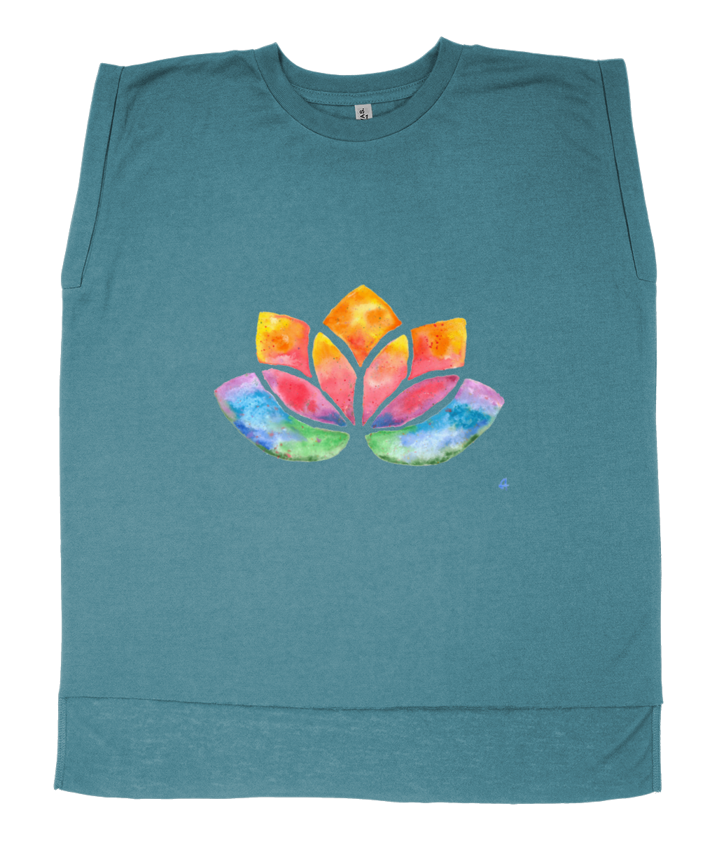 Flowy Rolled Cuff Muscle T-Shirt with watercolour Lotus-T-Shirt-Adnil Creations